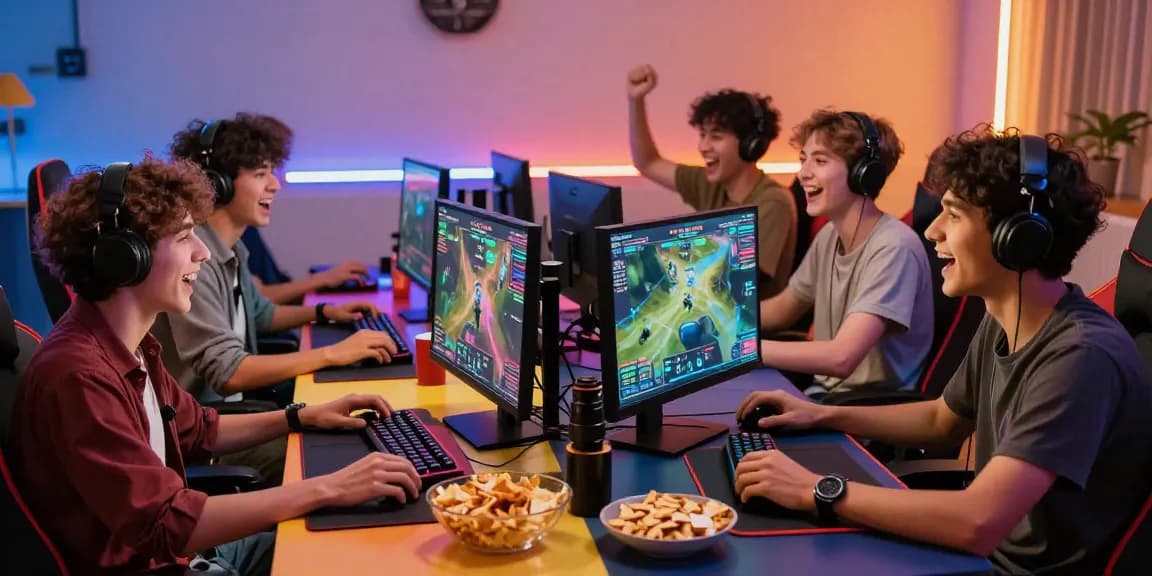 Teman bermain boswin 88 di meja permainan dengan suasana ceria dan peralatan gaming.