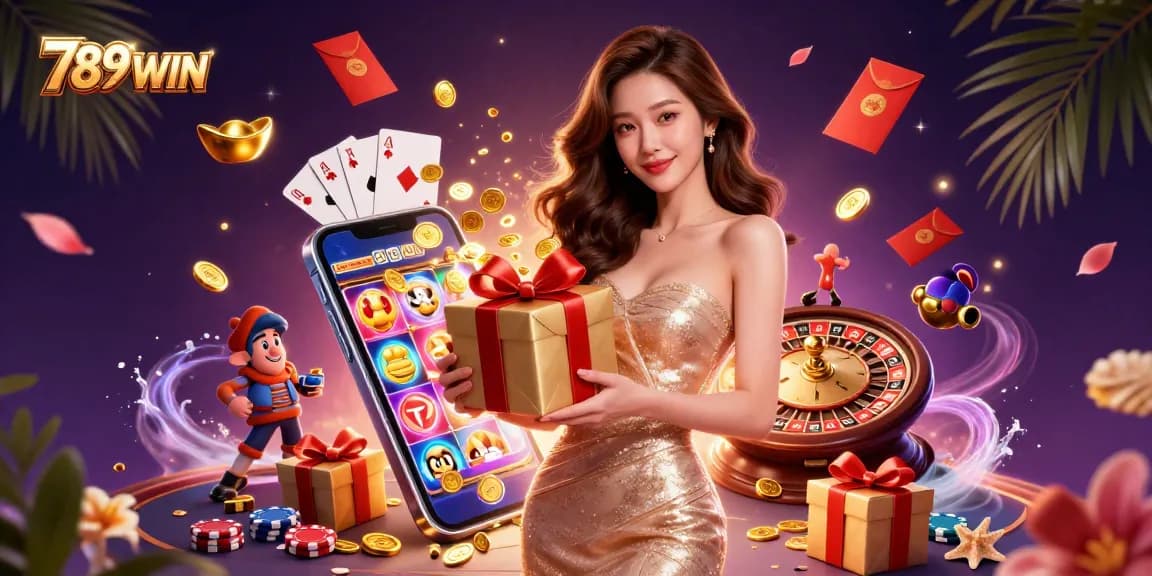 Join the excitement at 789WIN with a captivating scene of a glamorous Asian woman celebrating with winning coins and festive decorations.
