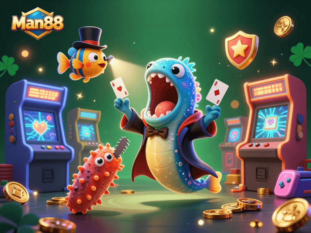 Experience thrilling wins at Man88 with a vibrant 3D casino scene showcasing unique gaming elements.
