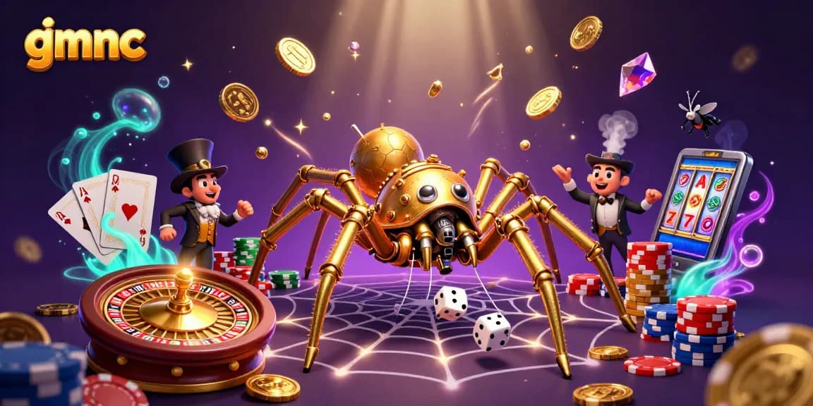 Experience thrilling gmnc insights while a steampunk spider entangles dice in a vibrant casino scene.