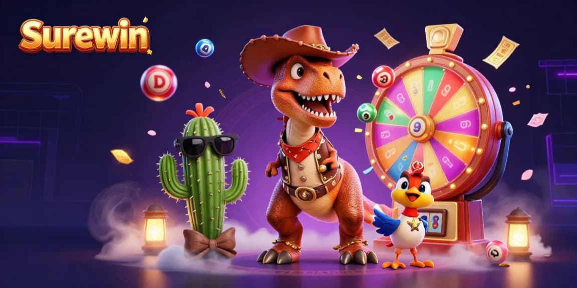 Experience the excitement of Surewin with a dynamic lottery scene featuring fun characters and game elements.