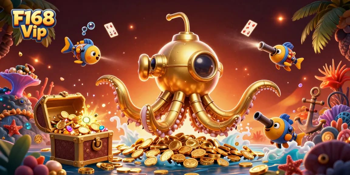 Engage with F168 Vip through a vibrant 3D underwater scene filled with treasures and casino elements.
