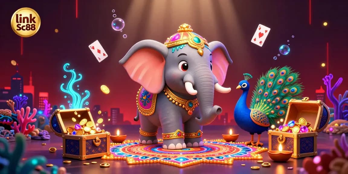 Enjoy the vibrant energy of link Sc88 with a colorful 3D illustration featuring a festive scene of an elephant, peacock, and casino elements.
