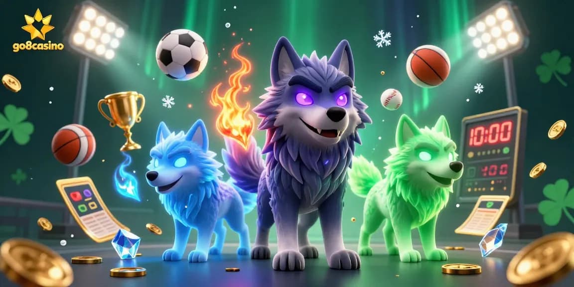Experience the excitement of go8casino with a dynamic 3D illustration of engaging wolves amidst thrilling sports elements.