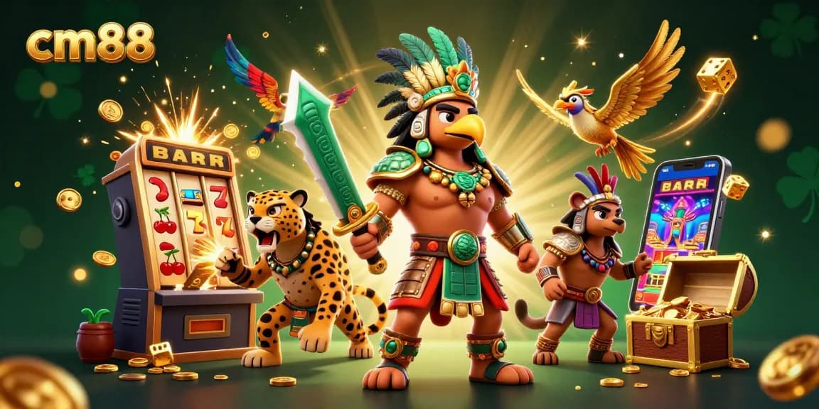 Experience thrilling gameplay with cm88's dynamic 3D casino scene featuring Aztec warriors and jackpot symbols.