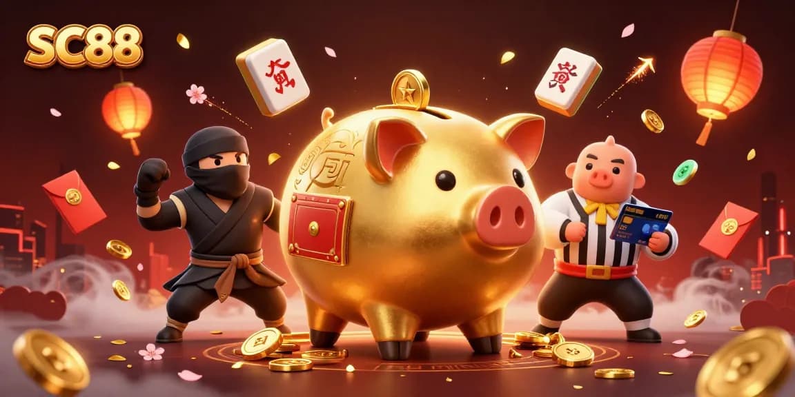 Engage with SC88's captivating casino action featuring a golden piggy bank sumo wrestler now!