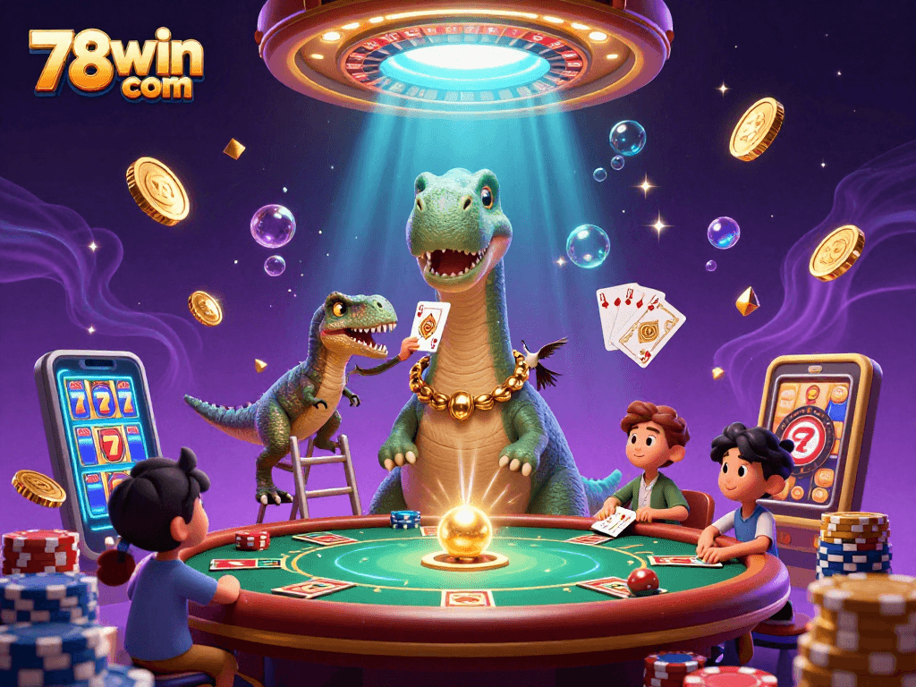 Engage with the exciting gambling scene at 78win com, featuring vibrant cartoon characters with gold coins and cards.