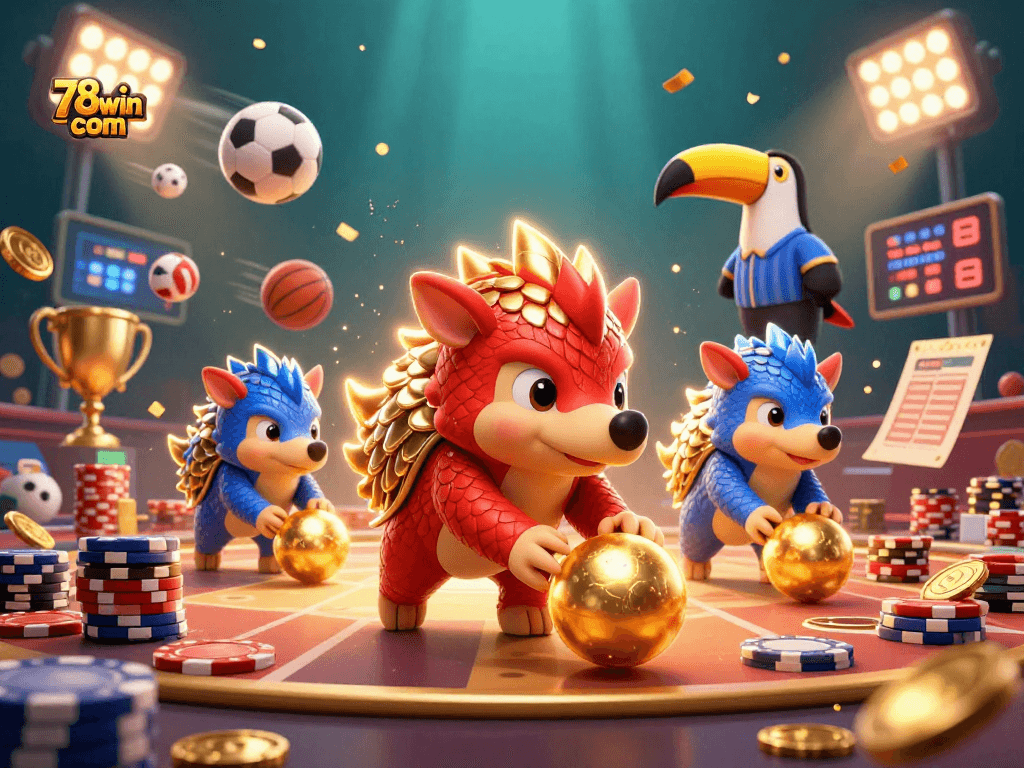 Engage with 78win com through a thrilling bowling game featuring cartoon pangolins and dynamic sports elements.