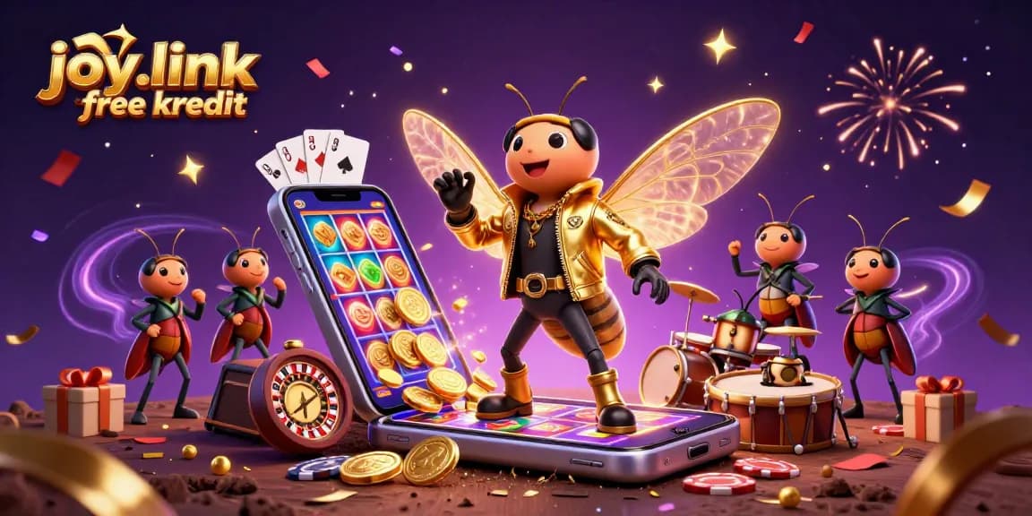 Experience excitement with joy.link free kredit in a dynamic, colorful casino scene featuring iconic characters and games.