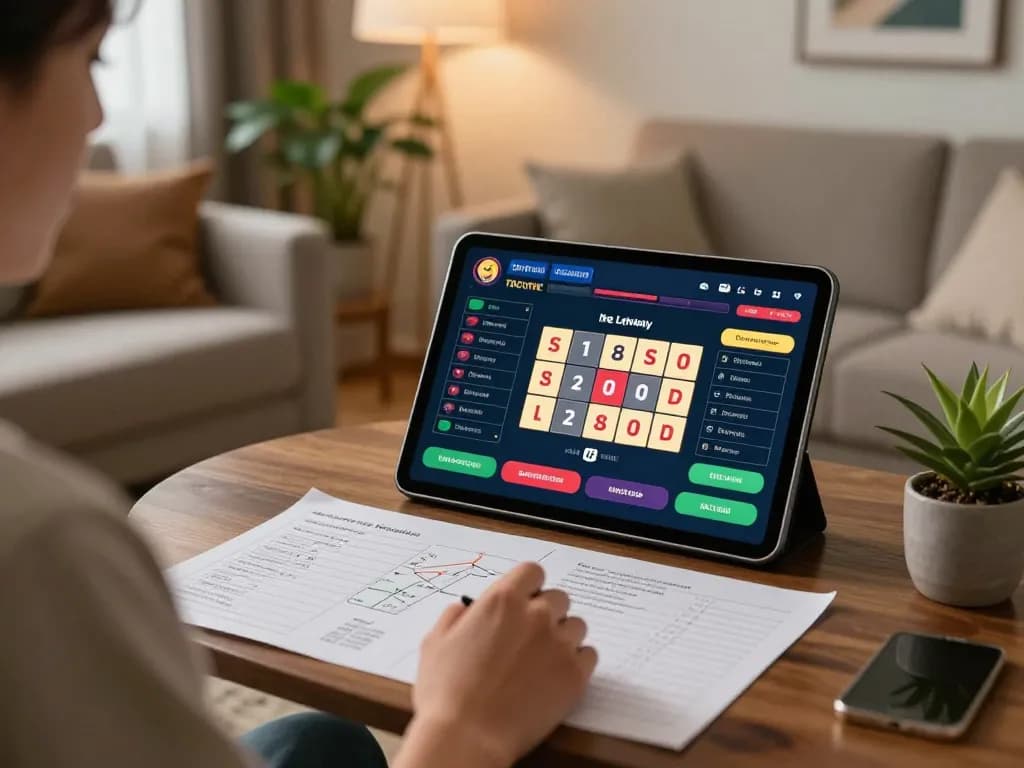Engaging in đánh lô đề online at home, warm and inviting atmosphere with strategy notes and tablet.
