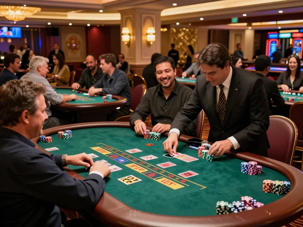 mm888 players enjoying a thrilling blackjack game in a vibrant casino atmosphere