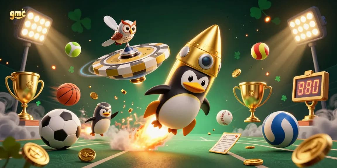 Game confidently with gmnc as the golden penguin ventures toward casino glory amidst dynamic sports symbols.