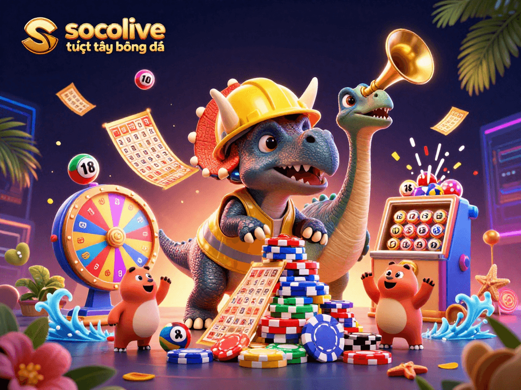 socolive trực tiếp bóng đá thrills as triceratops builds poker chip pyramid in vivid 3D casino scene