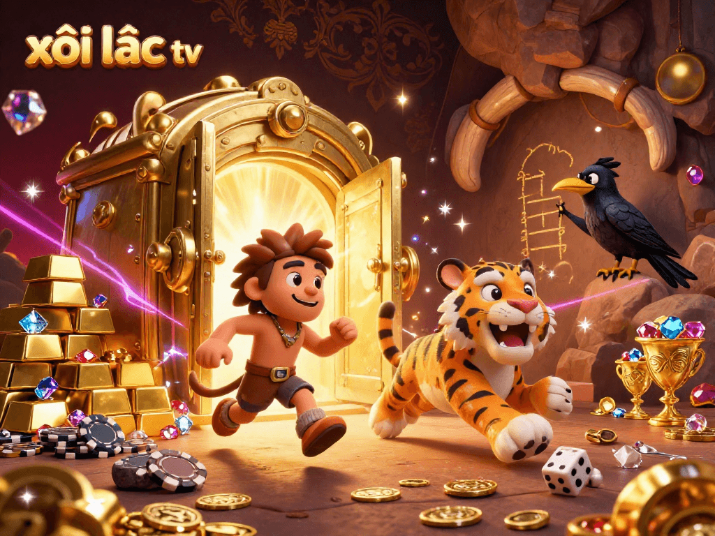 xôi lạc tv invites players to enjoy a vibrant prehistoric casino experience with gold treasures and engaging characters.