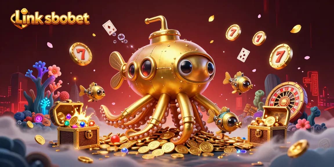 Bet on links sbobet and encounter a cartoon kraken submarine exploring gold-rich seas in an exciting online casino scene.