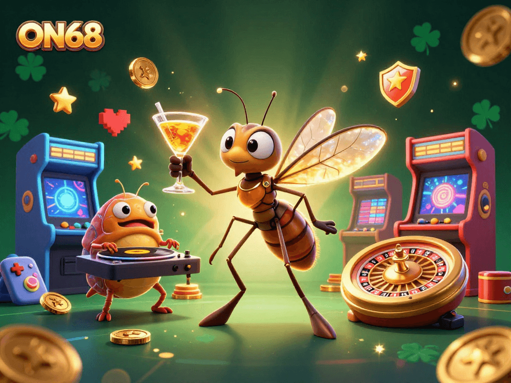 Experience thrilling gameplay at ON68 with vibrant scenes featuring a unique casino mascot and dynamic elements.
