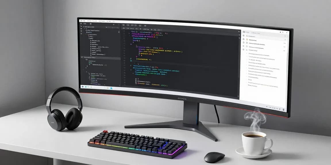MB66: Modern software development workspace showcasing innovative tech, including monitors and coding tools, enhancing productivity.