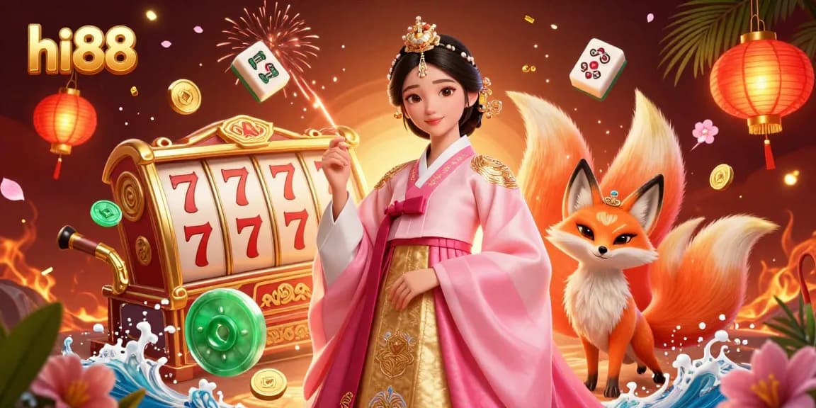Engage with hi88's thrilling online slots featuring a vibrant scene of spinning reels and lucky symbols.