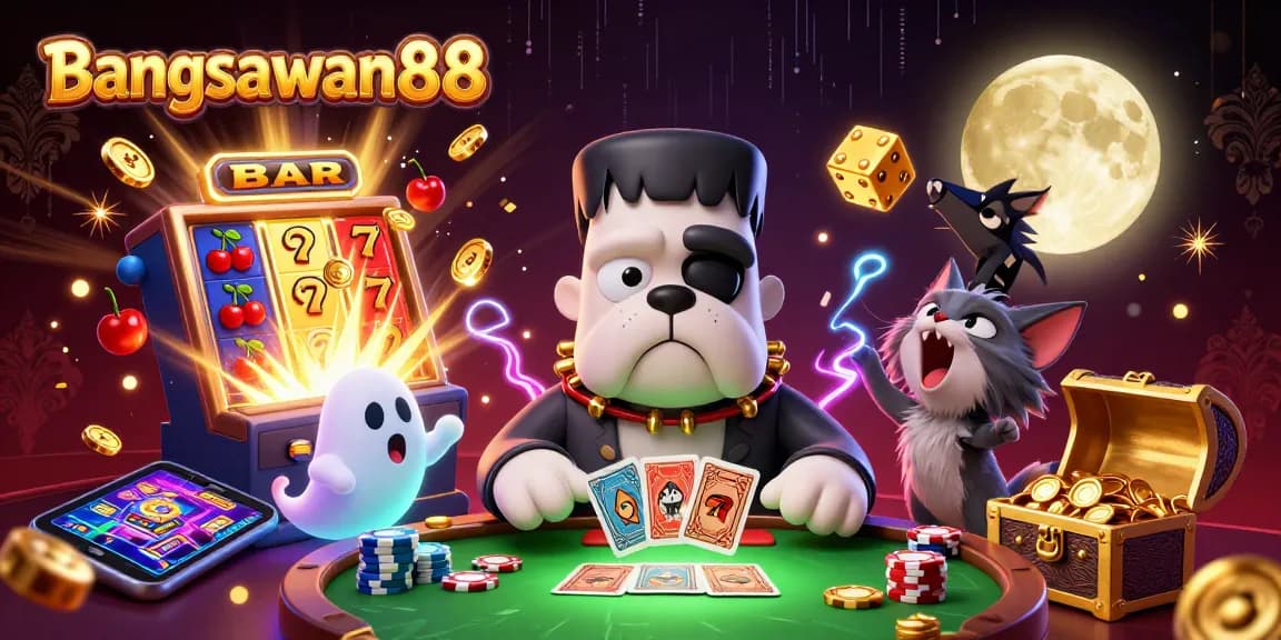 Bangsawan88 showcases an entertaining 3D scene where a Frankenstein bulldog deals cards amid a lively casino atmosphere.
