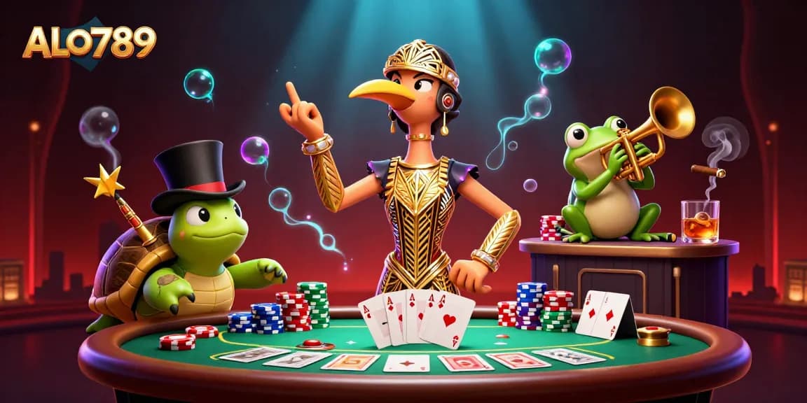 Experience ALO789's thrilling action with a vibrant casino scene featuring unique characters and dynamic game elements.