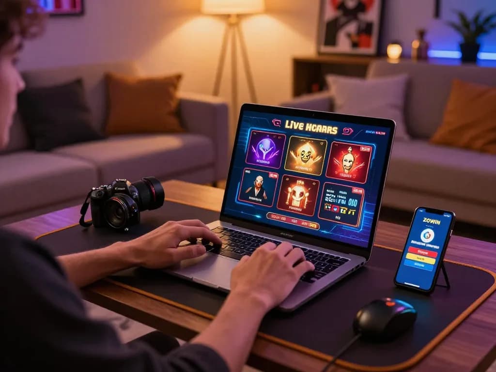 Play online casino games with ZOWIN on a laptop in a cozy home setting.