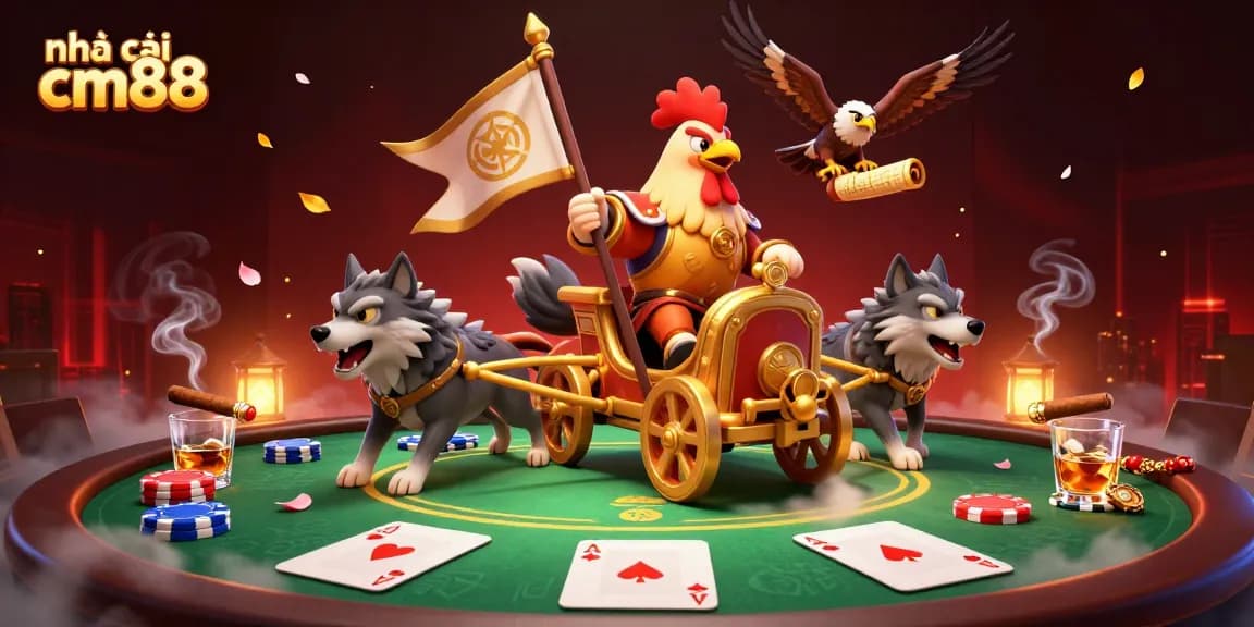 Engage in the vibrant action with nhà cái cm88 featuring a rooster warlord leading an epic gambling scene.