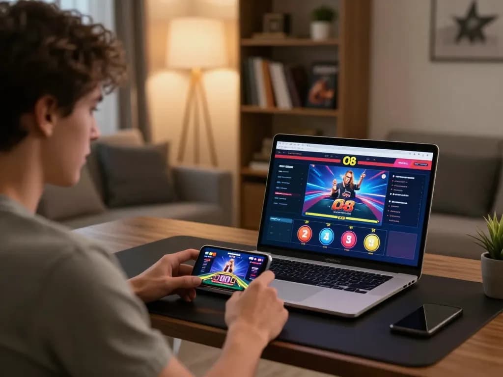 Player exploring O8 casino options via laptop and smartphone in a cozy home setting.