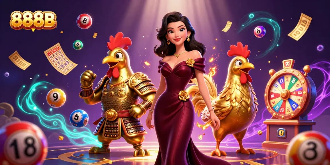 Engage with 888B's thrilling lottery experience featuring dynamic elements and glamorous characters.