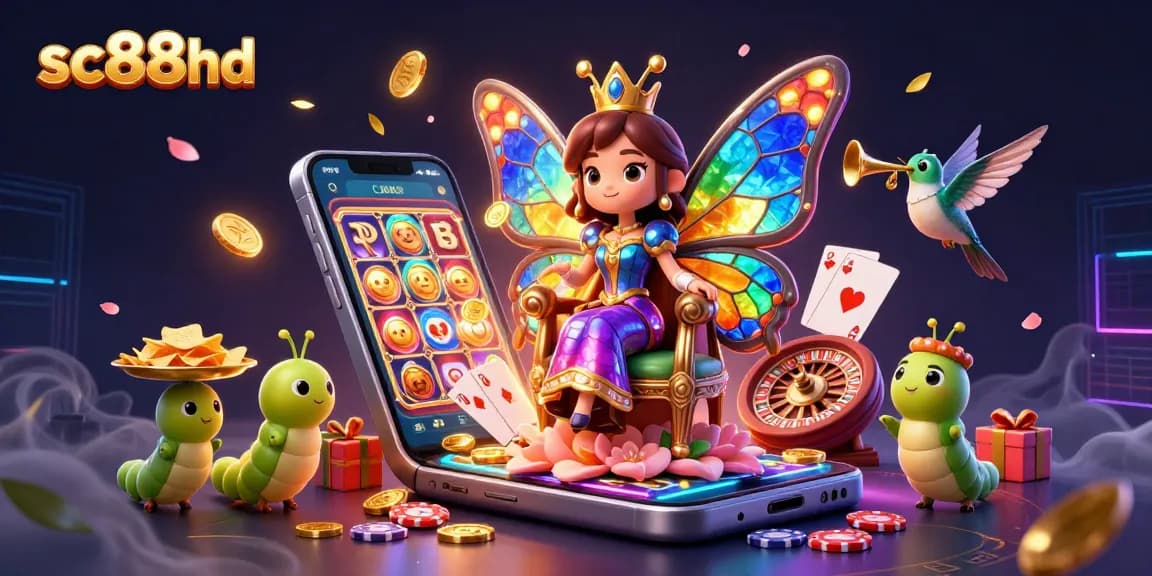 Engaging sc88hd animation of a butterfly queen in a vibrant casino-themed setting with chips and slot elements.