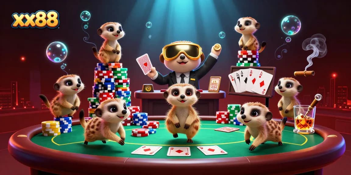 Meerkats orchestrating a lively casino atmosphere at xx88 with poker elements and vibrant colors.