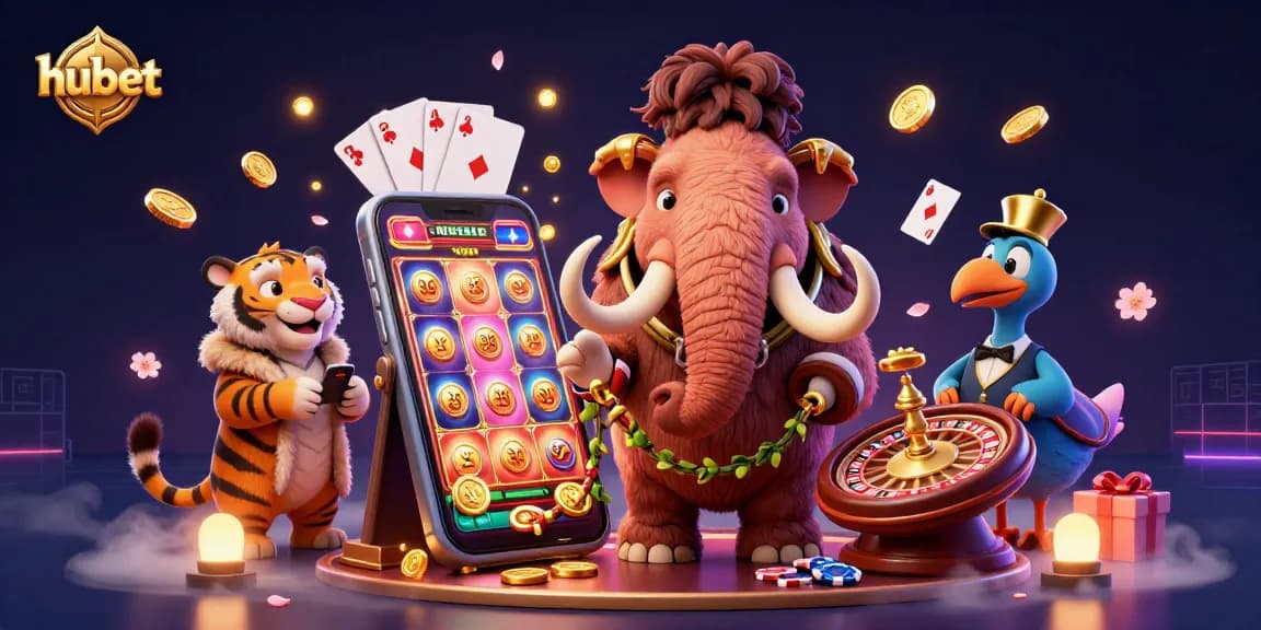 Experience the vibrant excitement at hubet with a cartoon mammoth bouncer, a saber-tooth tiger guest, and gaming elements.