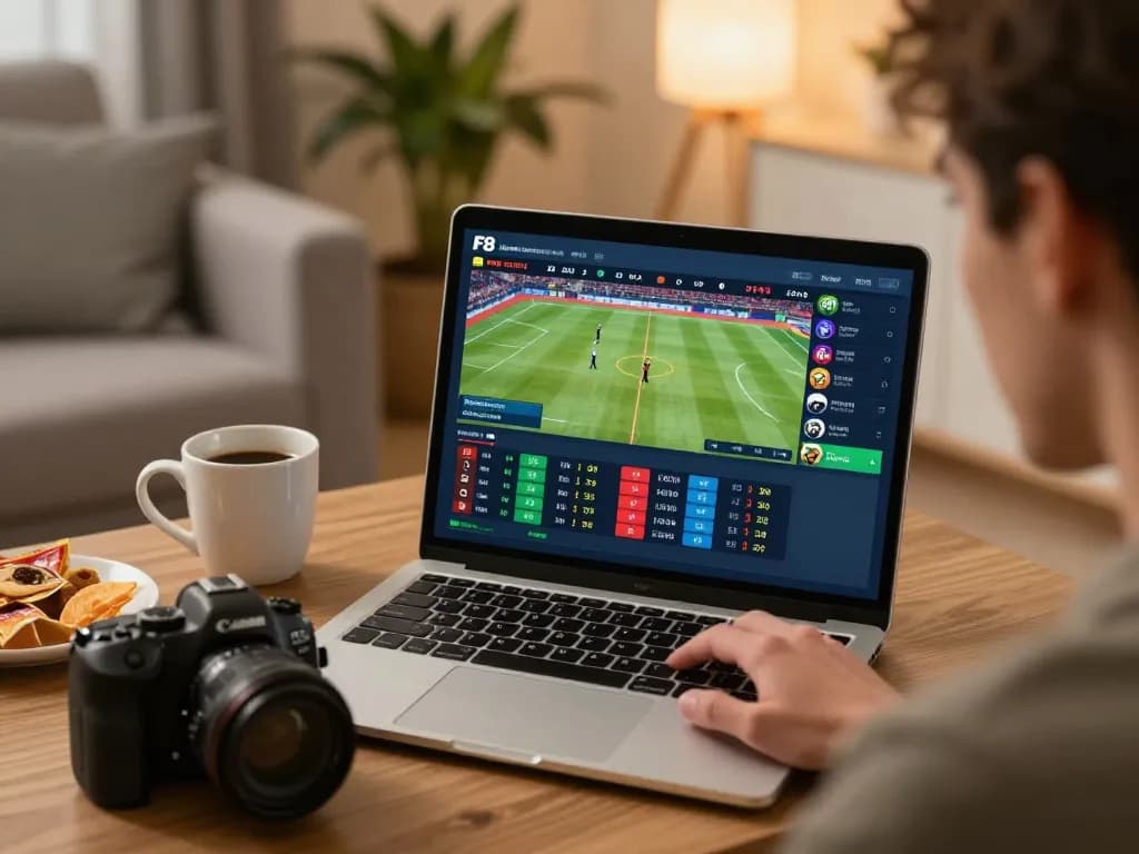 Player engaging with F8 bet platform while placing sports bets from home in a cozy setting.