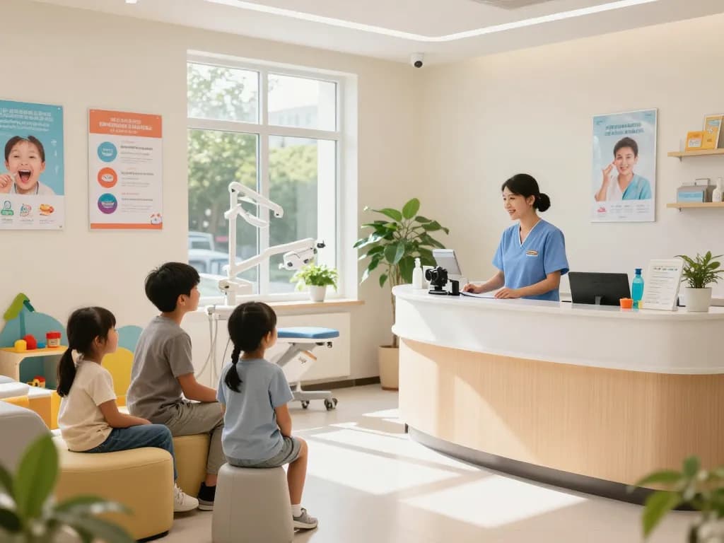 Dental clinic near me - welcoming reception area with friendly staff and comfortable seating for families.