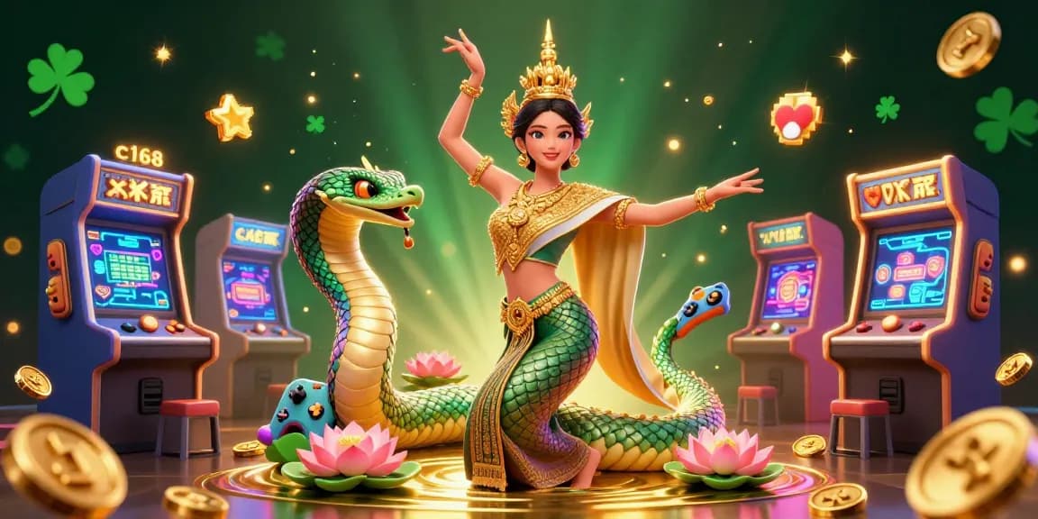 Engage with vibrant gaming action at c168 in a dynamic 3D illustration showcasing an Asian woman and a Naga in a casino setting.