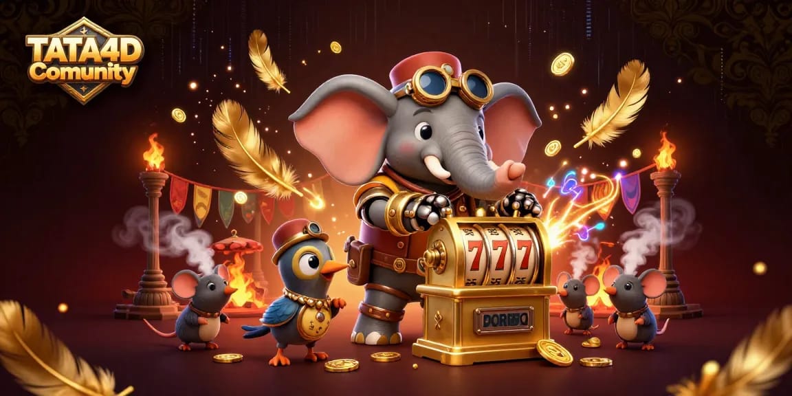 TATA4D Comunity showcases a vibrant slot machine scene with a steampunk elephant and animated characters.
