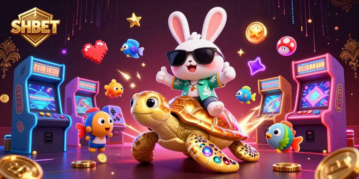 Engage in thrilling SHBET casino games with a lucky rabbit, giant turtle, and colorful gaming elements.