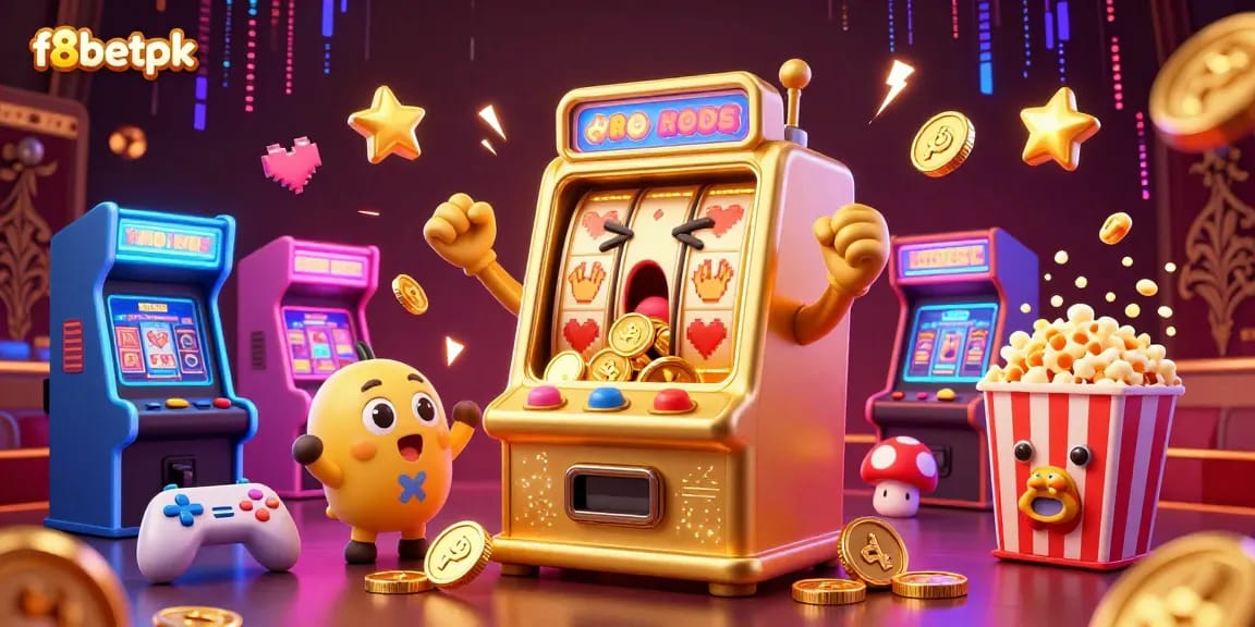Experience the excitement of f8betpk with a lively golden slot machine hitting the jackpot, surrounded by cheering baby machines.