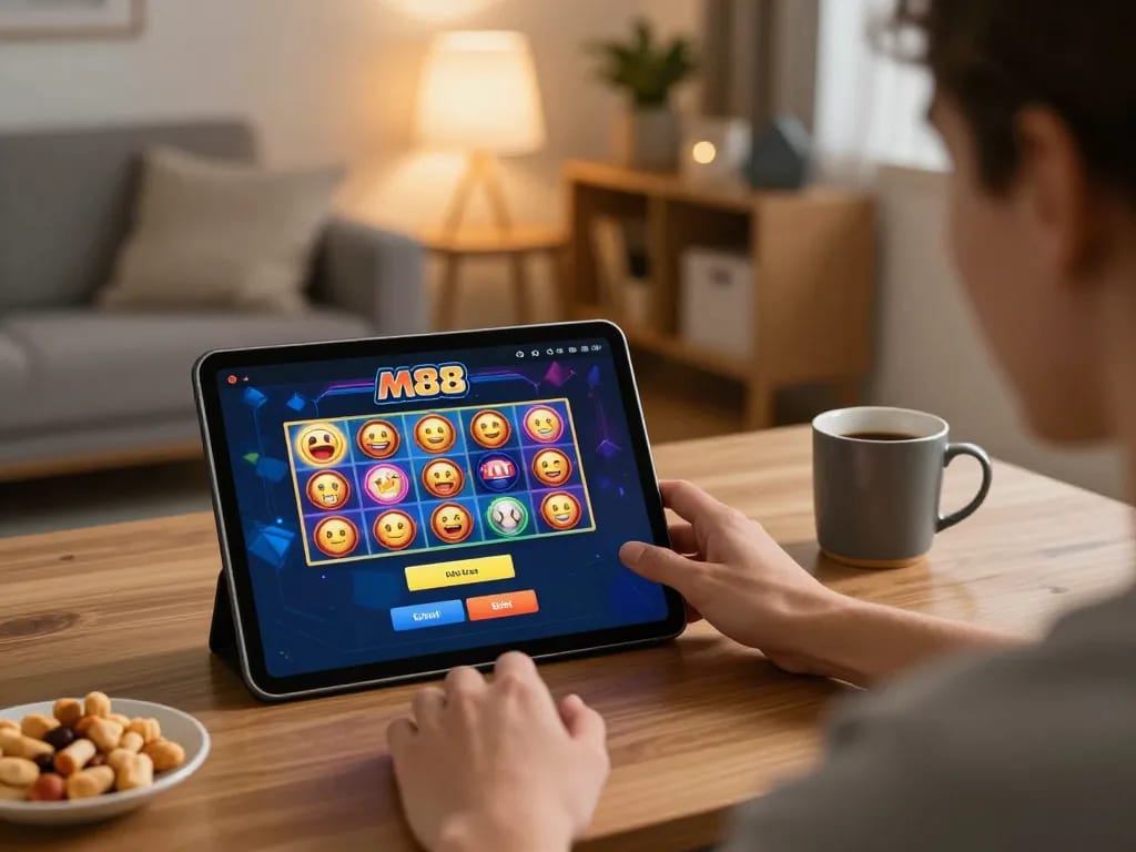 Engaging with M88 slot login on a tablet in a cozy home gaming setup, highlights responsible gambling atmosphere