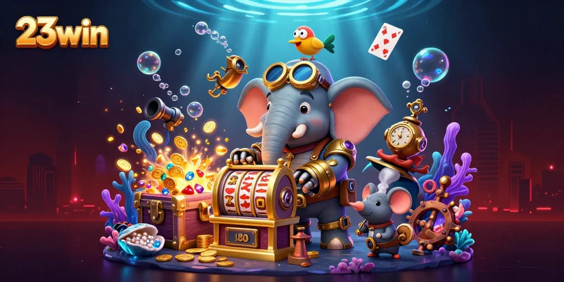 23win players engage in thrilling slot action with steampunk-themed elements amidst underwater treasures.