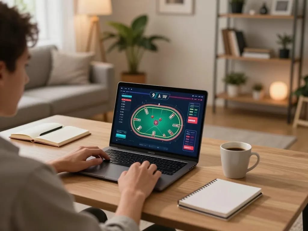 Engaged in online gaming at 888new casino with poker interface on laptop and cozy home setup