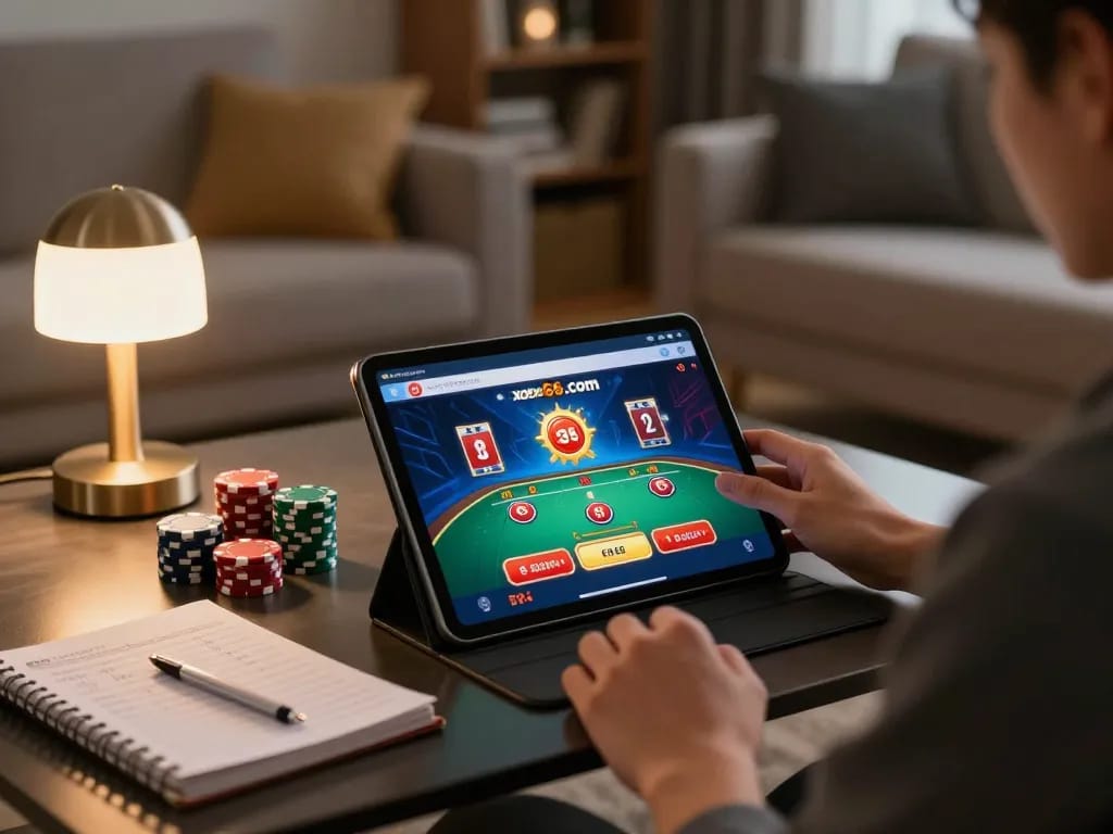 Person immersed in online gaming on xoso66com, strategizing with a tablet at home.