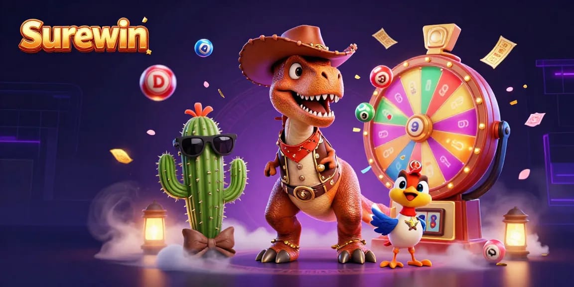 Experience the excitement of Surewin with a dynamic lottery scene featuring fun characters and game elements.