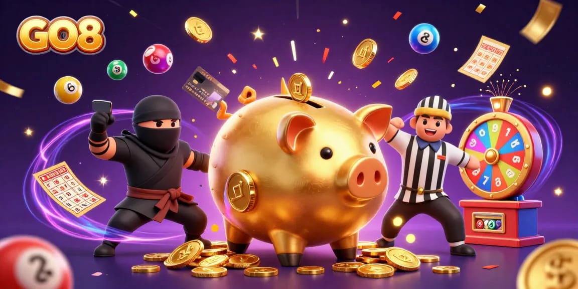 GO8 excitement in a colorful lottery scene featuring a piggy bank sumo wrestler and ninja characters.