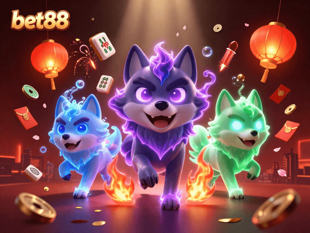 Engaging BET88 gaming scene with shadow wolves, Mahjong tiles, and vibrant casino elements.