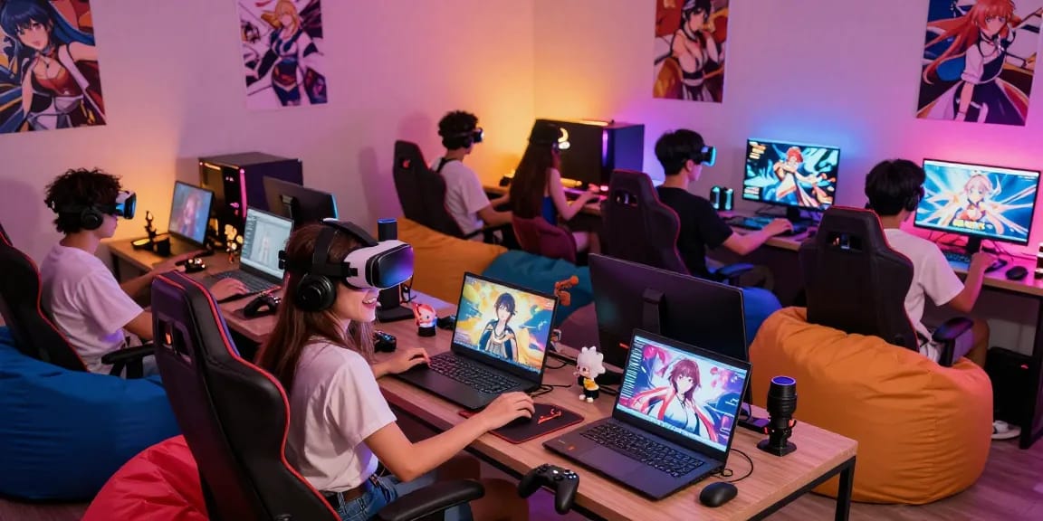 A vibrant gaming lounge scene showcasing players enjoying hentaigames across various devices, with LED lights and colorful décor emphasizing a lively atmosphere.