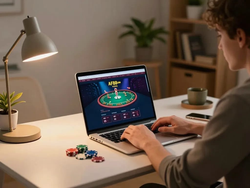 Engaging in online poker gameplay on AF88 com with vibrant casino interface on laptop