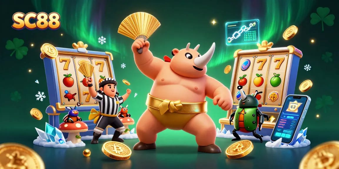 Experience exciting gaming at SC88 with a dynamic golden beetle champion stomping coins amidst vibrant slot elements.