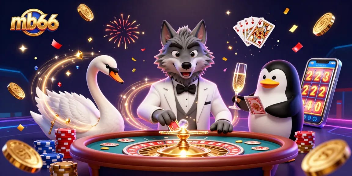 Experience the excitement at mb66 with a debonair wolf, elegant swan, and sophisticated penguin at a vibrant casino scene.