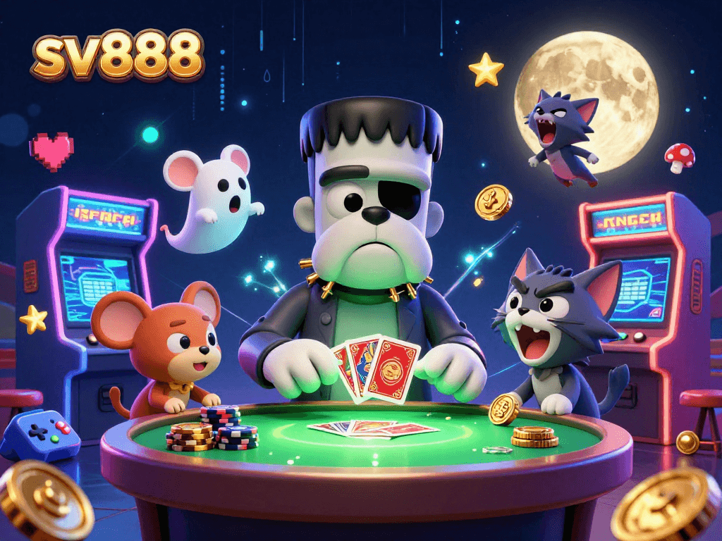 Engage with the thrilling atmosphere at sv888, featuring a Frankenstein bulldog dealer and gaming elements.