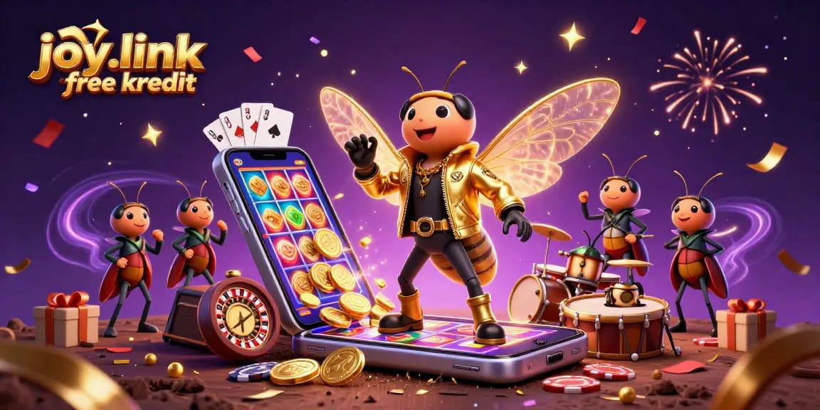 Experience excitement with joy.link free kredit in a dynamic, colorful casino scene featuring iconic characters and games.